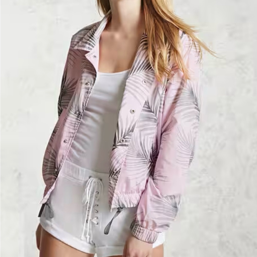 Forever 21 Light Pink Palm Bomber Jacket